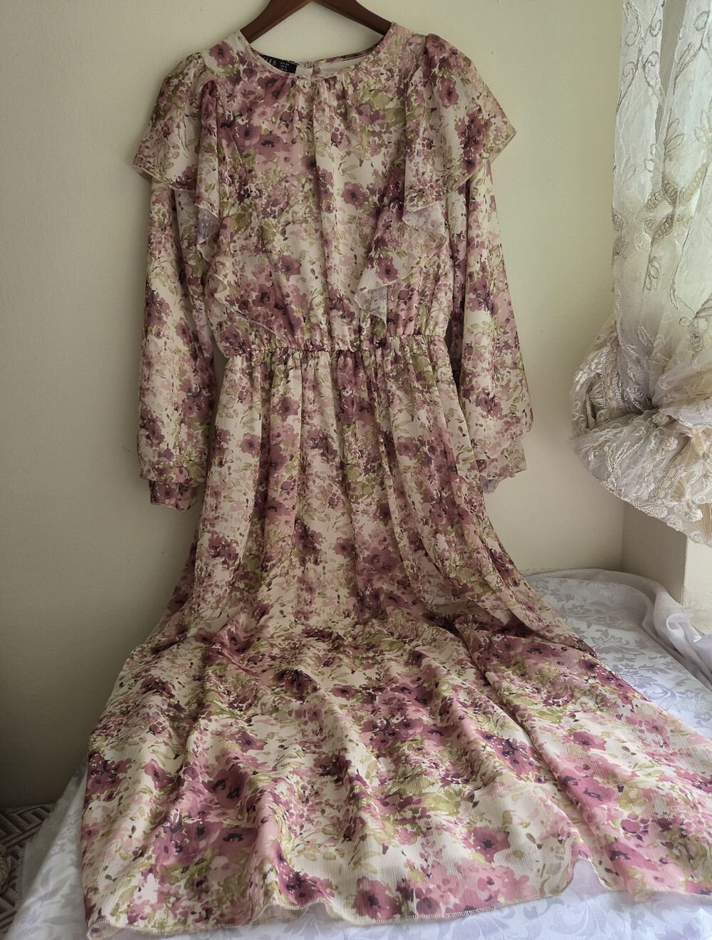REFKA Women Pink Floral Chiffon Ruffle Maxi Dress Long Sleeve Size 8 《M》